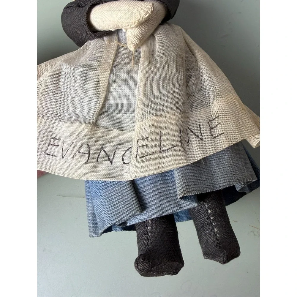 Vintage Handmade Cloth Folk Art Doll Evangeline Embroidered Prairie‎ Dress 15